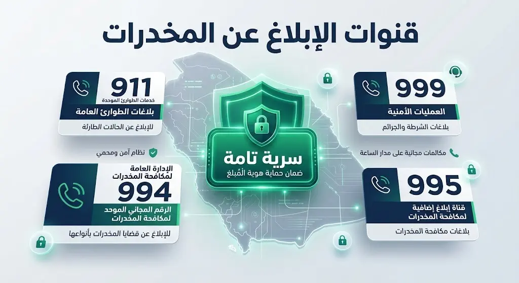 إنفوجرافيك أمني عصري يستعرض أرقام وقنوات الإبلاغ عن المخدرات في المملكة العربية السعودية، مبرزاً أرقام 911 و995 مع التأكيد على السرية التامة للبلاغات.