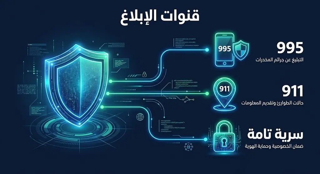 إنفوجرافيك يستعرض الأرقام الرسمية للإبلاغ عن المخالفات مثل 911 و995 مع إبراز أيقونة تدل على السرية التامة.