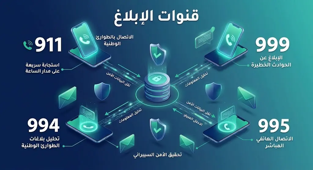 إنفوجرافيك يوضح أرقام قنوات الإبلاغ الأمنية مثل 911 و995 بتصميم عصري