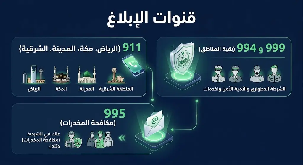إنفوجرافيك أمني يوضح أرقام الهواتف والقنوات الرسمية المخصصة للإبلاغ عن مروجي المخدرات في مختلف مناطق المملكة