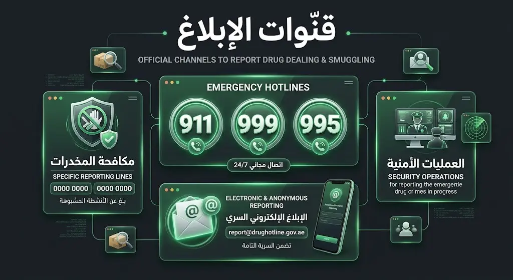إنفوجرافيك يستعرض أرقام وقنوات الإبلاغ الرسمية عن مروجي ومهربي المخدرات في المملكة العربية السعودية.