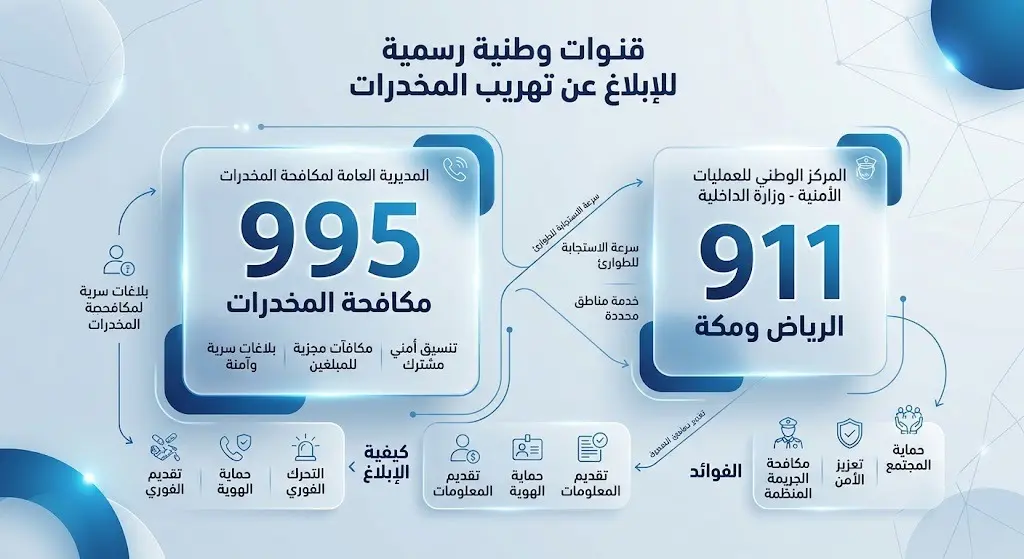 تصميم استعراضي لأرقام وقنوات الإبلاغ الرسمية عن مهربي المخدرات في مختلف مناطق المملكة.