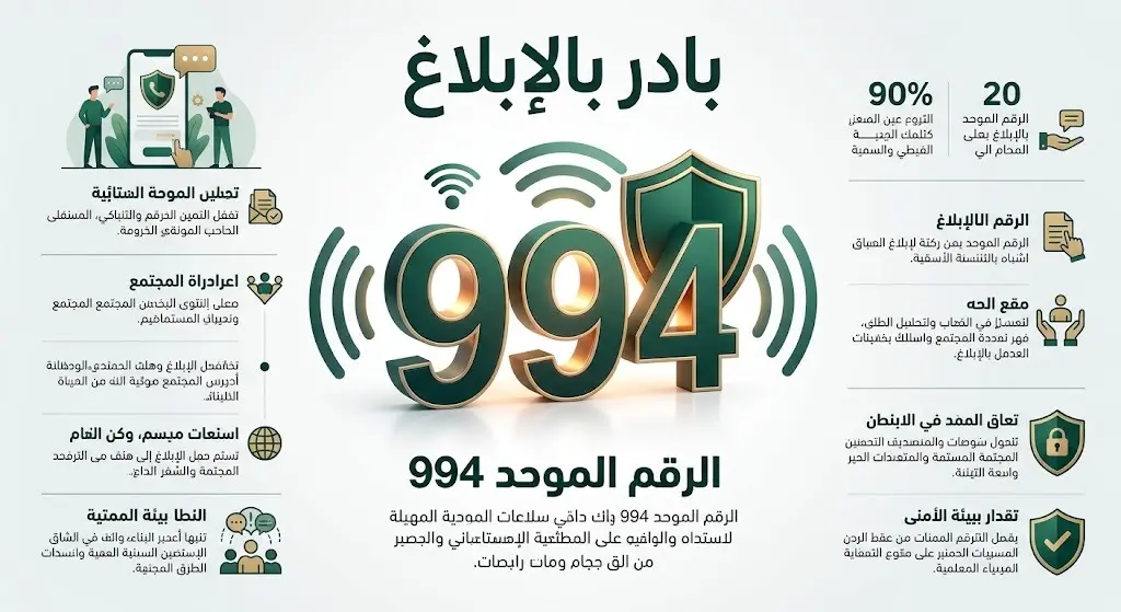 بطاقة معلوماتية تبرز الرقم 994 المخصص للإبلاغ عن مهربي ومروجي المخدرات في المملكة.