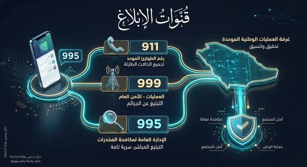 إنفوجرافيك يوضح أرقام قنوات الإبلاغ الرسمية لمكافحة المخدرات 911 و999 و995