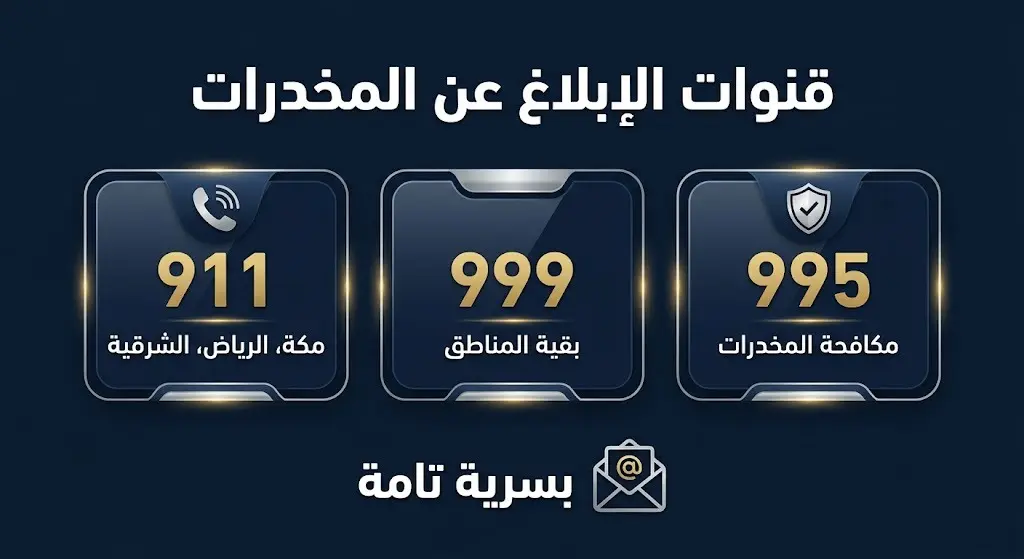 إنفوجرافيك احترافي يستعرض الأرقام وقنوات التواصل الرسمية للإبلاغ عن مروجي المخدرات في السعودية وتشمل 911 و999 و995.