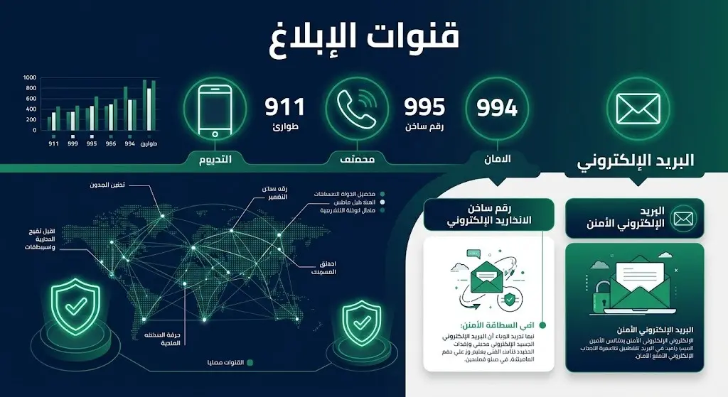إنفوجرافيك أمني عصري يستعرض أرقام وقنوات التواصل الرسمية للإبلاغ عن مروجي المخدرات، تتضمن 911 و995 والبريد الإلكتروني، مع رموز تعبر عن الأمان والسرية التامة.