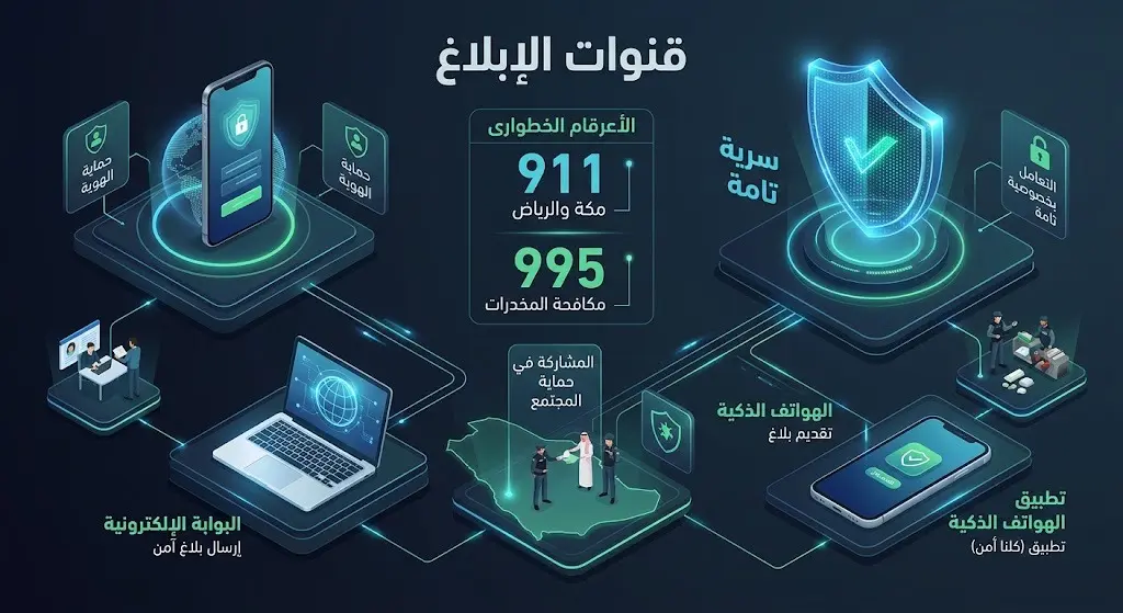 إنفوجرافيك أمني عصري يوضح أرقام وقنوات الإبلاغ عن مهربي المخدرات في مناطق المملكة المختلفة، مع إبراز أيقونات تعبر عن السرية التامة وحماية المُبلّغ.