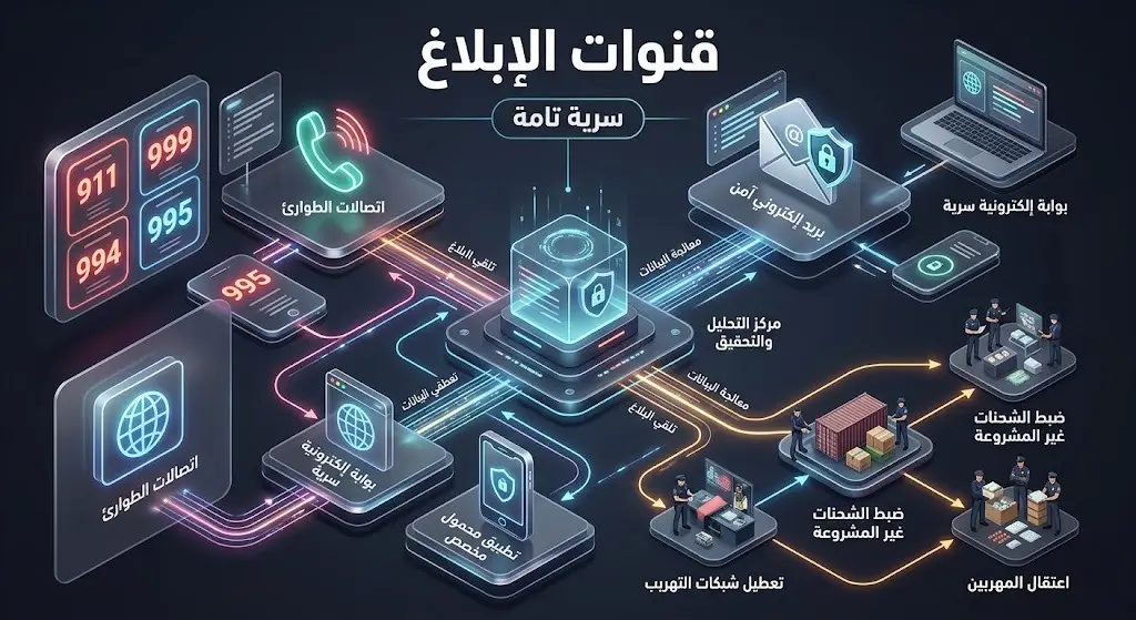 إنفوجرافيك ثلاثي الأبعاد يستعرض أرقام وقنوات الإبلاغ عن مهربي ومروجي المخدرات في السعودية.