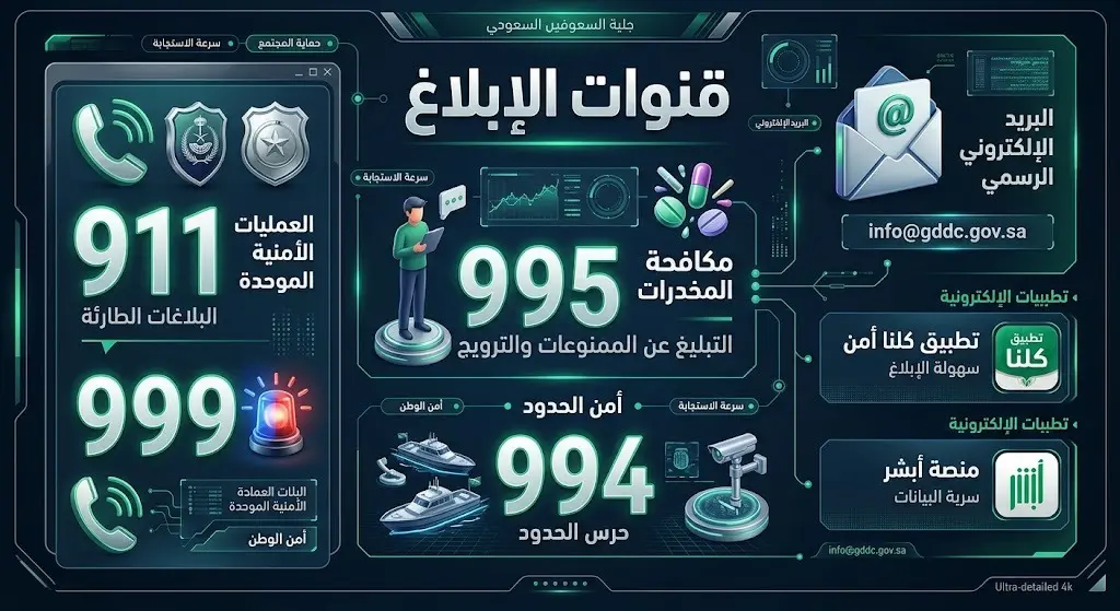 إنفوجرافيك يوضح أرقام وقنوات التواصل الرسمية للإبلاغ عن نشاطات التهريب وترويج المخدرات.
