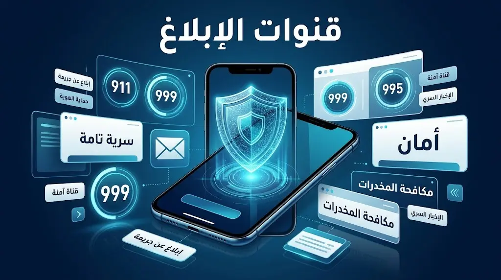 تصميم يوضح أرقام وقنوات الإبلاغ الآمنة للجهات الأمنية بسرية تامة.