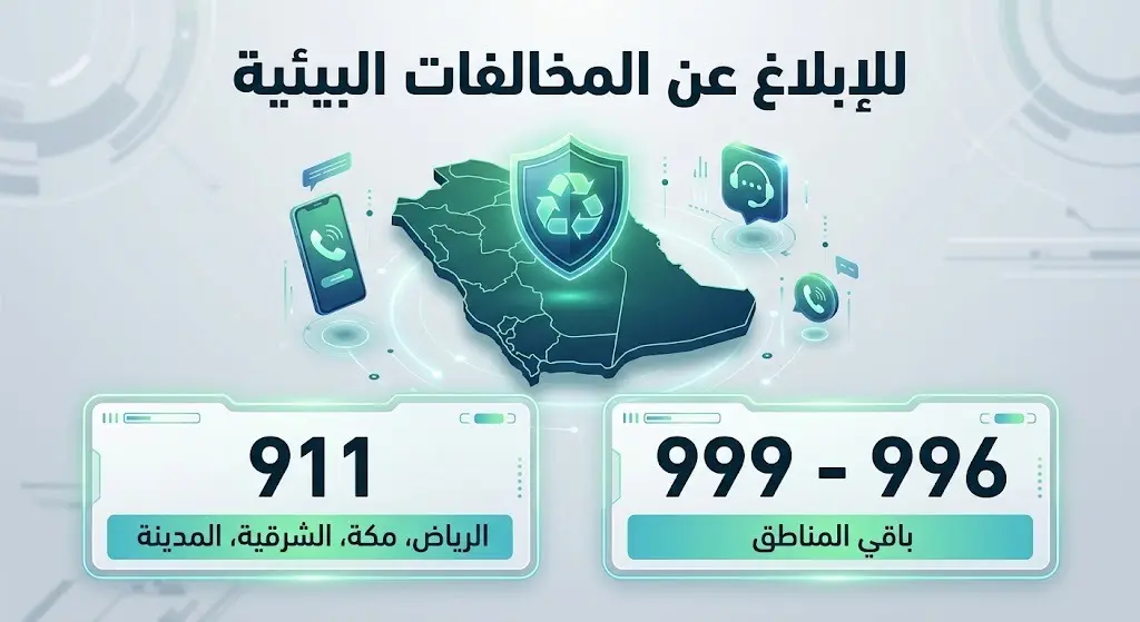 تصميم استرشادي يعرض أرقام الإبلاغ عن التعديات البيئية في مختلف مناطق المملكة، مبرزاً الأرقام 911 و 999 و 996.