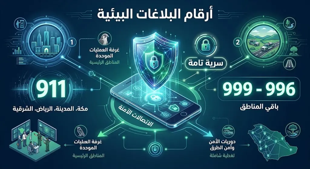 تصميم معلوماتي يعرض أرقام البلاغات البيئية 911 و 999 و 996 في مختلف مناطق المملكة مع التأكيد على سرية المتصل.
