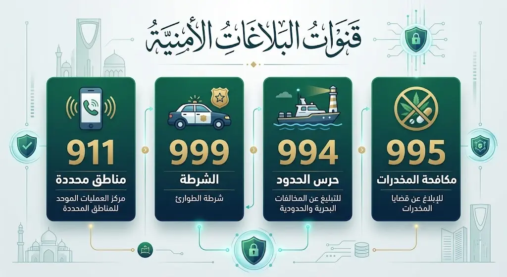 تصميم معلوماتي يستعرض أرقام التواصل للإبلاغ عن المخالفات الأمنية وتهريب المخدرات في مختلف مناطق المملكة.