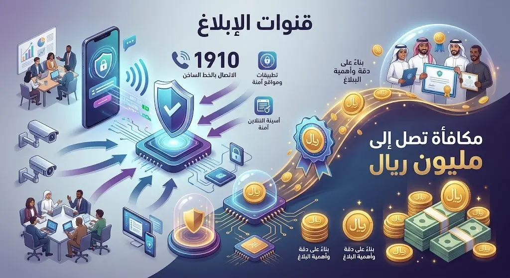 تصميم معلوماتي يستعرض قنوات التواصل المعتمدة للإبلاغ عن محاولات التهريب وقيمة المكافآت التشجيعية للمبلغين.