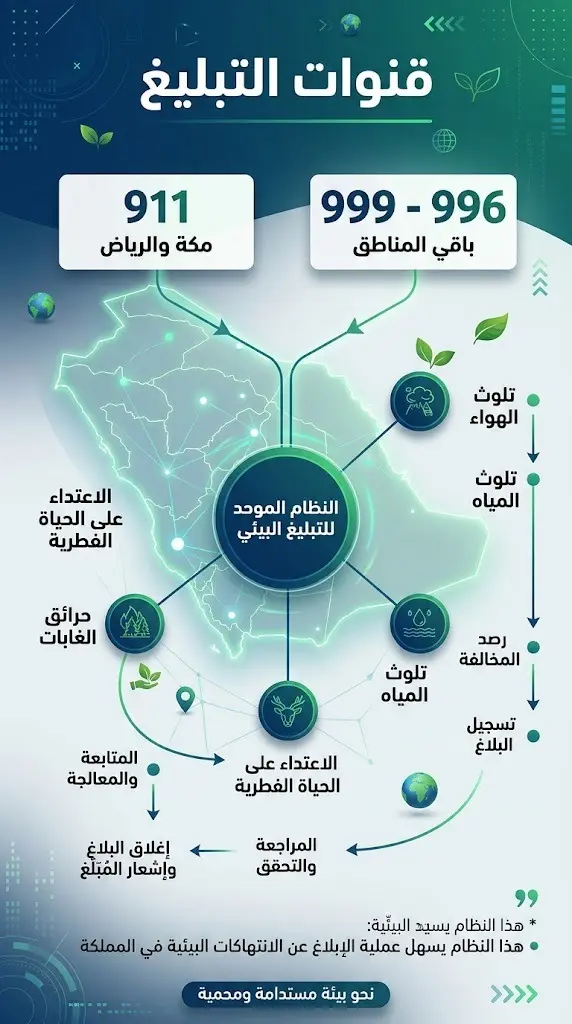 إنفوجرافيك يستعرض أرقام قنوات التبليغ عن المخالفات البيئية في مختلف مناطق المملكة وتوزيعها الجغرافي.