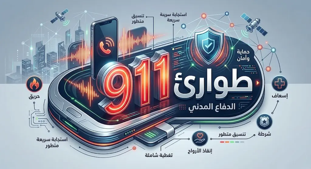 تصميم احترافي يبرز رقم الطوارئ الموحد 911 وقنوات التواصل الرسمية للحالات الطارئة.