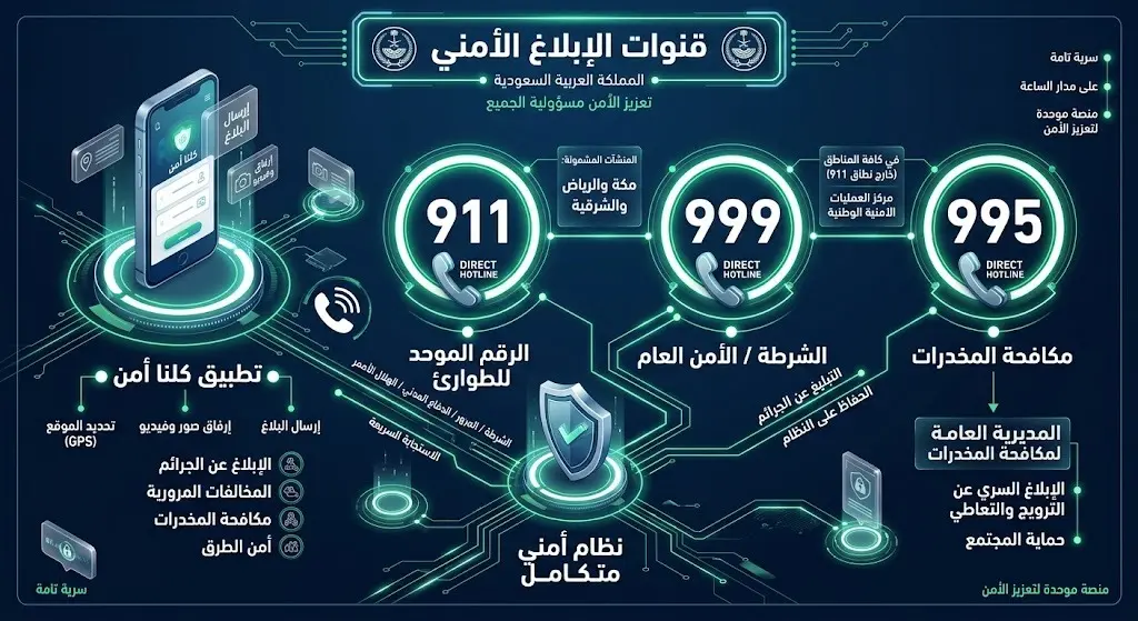 إنفوجرافيك أمني يوضح أرقام قنوات الإبلاغ المعتمدة مثل 911 و 999 و 995 وطرق التواصل السري.