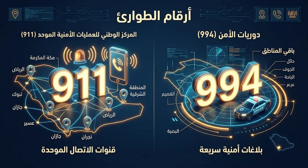 إنفوجرافيك يستعرض أرقام التواصل للحالات الطارئة 911 و994 وتوزيعها الجغرافي في المملكة.