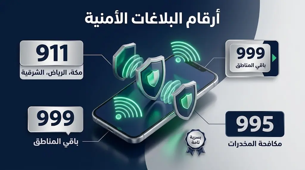 إنفوجرافيك أمني يوضح أرقام التواصل السريعة 911 و999 و995 المخصصة لتقديم البلاغات بسرية تامة حسب المناطق.