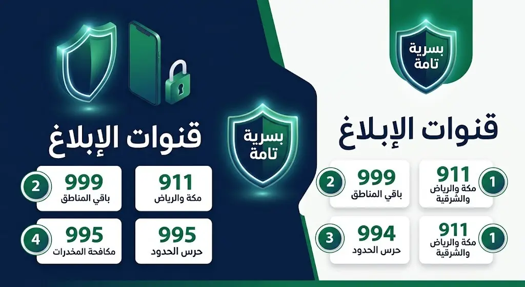 إنفوجرافيك أمني يوضح أرقام قنوات التواصل والإبلاغ الرسمية في السعودية مثل 911 و 999 و 994 و 995 مع إبراز ضمان سرية البلاغات.