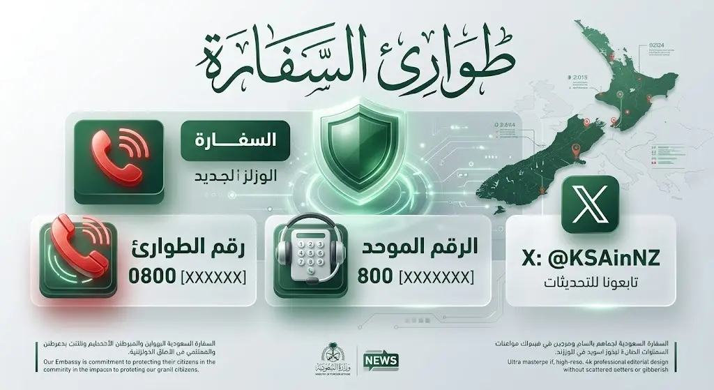إنفوجرافيك يوضح قنوات التواصل وتقديم الدعم الطارئ للمواطنين السعوديين في نيوزيلندا
