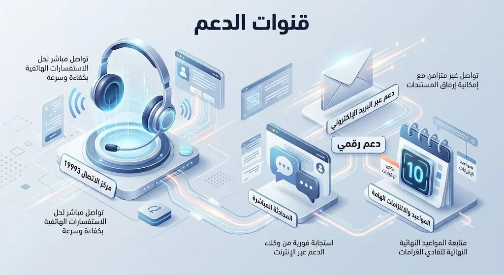 تصميم عصري يستعرض قنوات الدعم والتواصل المتنوعة كمركز الاتصال والخدمات الرقمية لخدمة المكلفين.