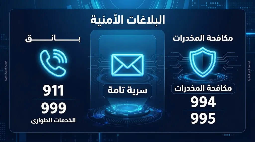 بطاقة معلومات بصرية تستعرض أرقام وقنوات تقديم البلاغات الأمنية لمكافحة المخدرات في مختلف مناطق المملكة، مع التأكيد على سرية البلاغات.