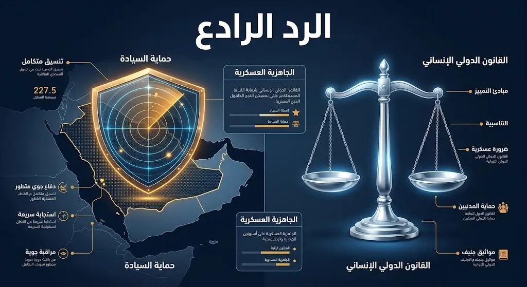تصميم تعبيري يدمج بين منظومات الدفاع والرادارات العسكرية مع ميزان العدالة الذي يرمز للقانون الدولي الإنساني.