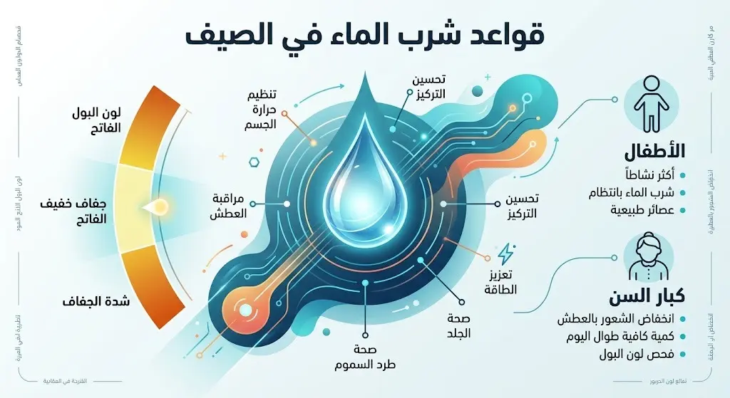 إنفوجرافيك يوضح القواعد الصحية لشرب الماء ومراقبة العطش ولون البول السليم خلال فصل الصيف.