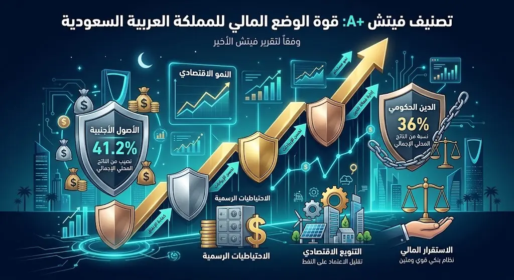 إنفوجرافيك يوضح قوة المركز المالي للسعودية وتفوقها في معدلات الأصول الأجنبية والدين الحكومي مقارنة بنظرائها بحسب تقرير وكالة فيتش.