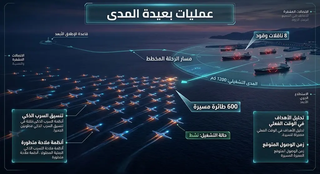 إنفوجرافيك تكتيكي يوضح قدرات العمليات العسكرية الأوكرانية بعيدة المدى، مبرزاً استخدام مئات الطائرات المسيرة واستهداف ناقلات الوقود.