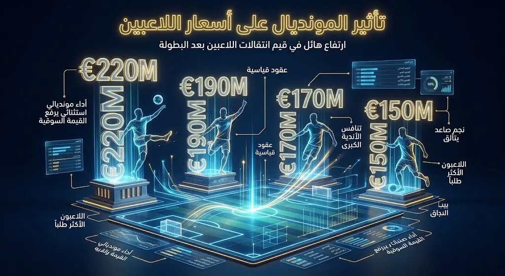 إنفوجرافيك ثلاثي الأبعاد يوضح القفزة الكبيرة في القيمة السوقية للاعبين والصفقات القياسية بعد كأس العالم