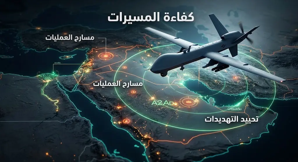 إنفوجرافيك يستعرض خريطة عمليات تكتيكية وطائرة مسيرة متطورة، مبرزاً دور المنظومات غير المأهولة في مسارح الصراع المعقدة.