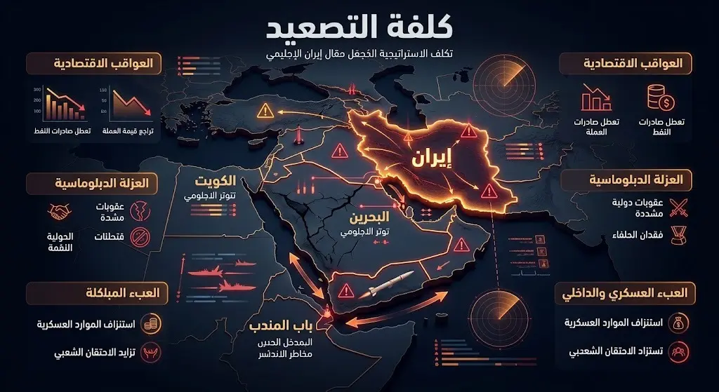 إنفوجرافيك استراتيجي يوضح بؤر التصعيد الإقليمي الإيراني واستهداف دول الجوار والممرات الملاحية.