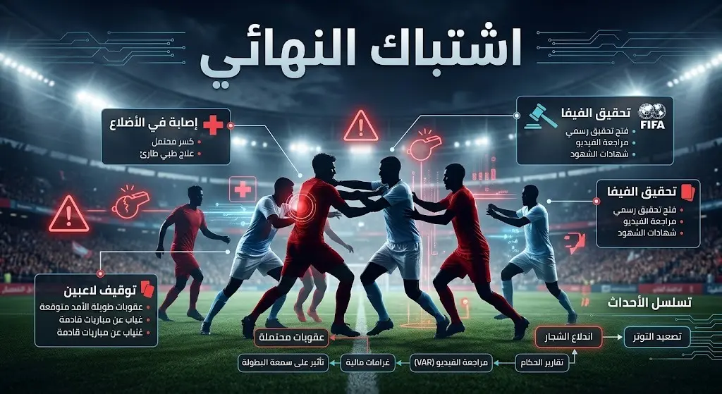 إنفوجرافيك رياضي تحليلي يبرز تفاصيل الاشتباك البدني في نهائي المونديال وتدخل الفيفا للتحقيق
