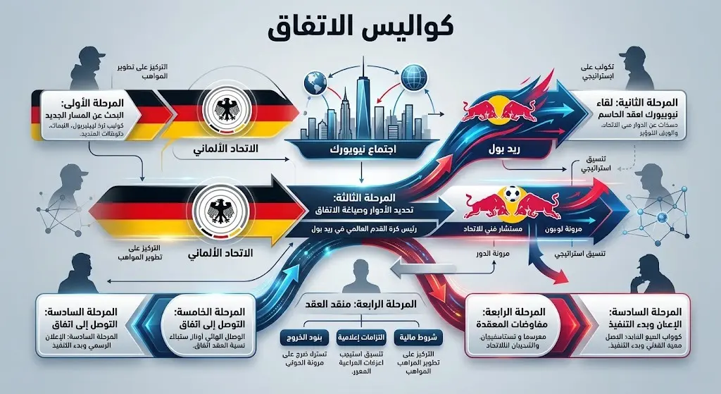 إنفوجرافيك يوضح الأطراف المعنية ومراحل الاتفاق وتسوية العقود لتعيين يورجن كلوب مديراً فنياً