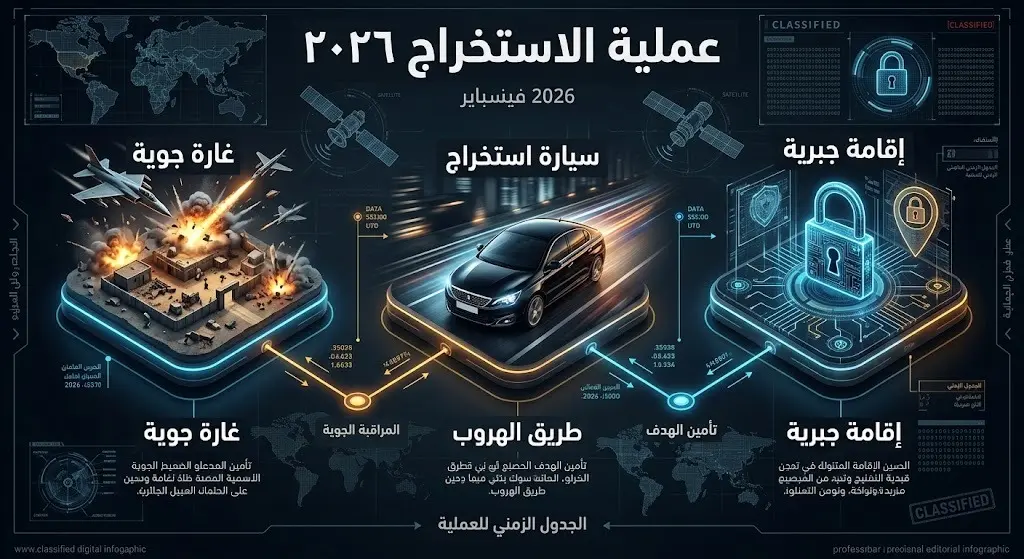إنفوجرافيك استخباراتي يستعرض التسلسل الزمني لعملية الاستخراج المعقدة في فبراير 2026 وصولاً إلى الإقامة الجبرية.
