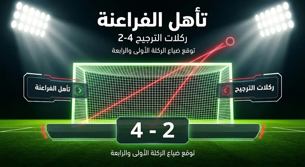 تصميم بصري رياضي يستعرض نتيجة ركلات الترجيح 4-2 لصالح مصر أمام أستراليا، مع إبراز توقعات إبراهيم حسن بضياع الركلتين الأولى والرابعة للخصم.