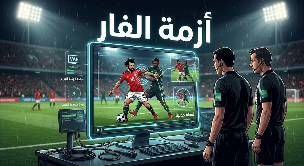 تصميم غرافيكي لشاشة تقنية الفيديو (VAR) تعرض لقطة التحام جدلية للاعب بقميص منتخب مصر داخل منطقة الجزاء مع نصوص عربية توضيحية.