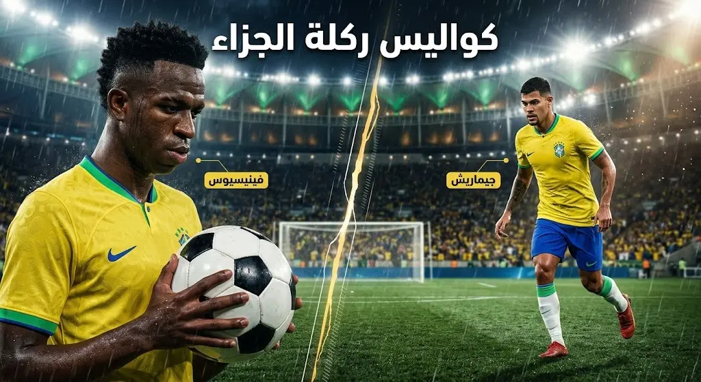تصميم درامي يوضح لحظة تسليم فينيسيوس جونيور الكرة لزميله برونو جيماريش لتسديد ركلة الجزاء مع نصوص إنفوجرافيك توضيحية.