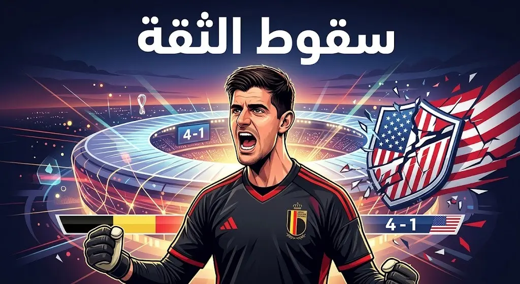 تصميم تحريري رياضي يظهر الحارس البلجيكي واثقاً بعد الفوز 4-1، مع عنوان عربي يسلط الضوء على سقوط الثقة الأمريكية.