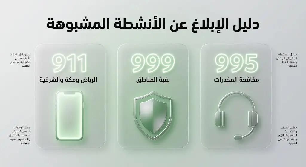 تصميم مرئي يستعرض أرقام التواصل الرسمية للإبلاغ عن المخالفات، وهي 911، 999، و995 مع تحديد مناطق ومجالات اختصاصها.
