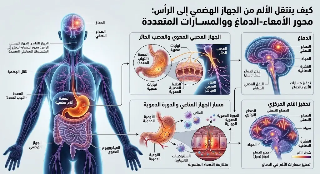 إنفوجرافيك طبي ثلاثي الأبعاد يوضح مسار انتقال الألم عبر شبكة الأعصاب والأوعية الدموية من المعدة الملتهبة إلى الدماغ، مسبباً الصداع النصفي.