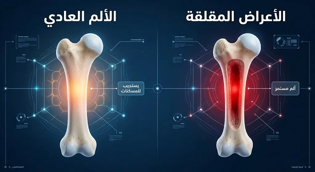إنفوجرافيك طبي يقارن بين ألم العظام العادي والأعراض المقلقة التي لا تستجيب للمسكنات وتستدعي الفحص العاجل.