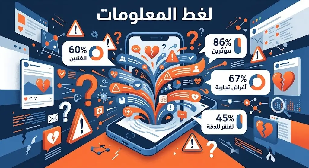 إنفوجرافيك بياني يوضح إحصائيات حول خطورة المعلومات الصحية والغذائية المضللة المنتشرة عبر وسائل التواصل الاجتماعي.