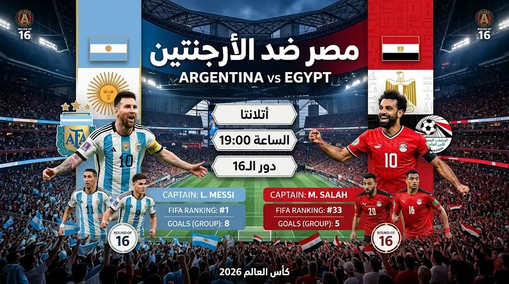 تصميم إنفوجرافيك رياضي يبرز مواجهة مصر والأرجنتين في دور الـ16 من كأس العالم 2026 مع تفاصيل توقيت ومكان المباراة.