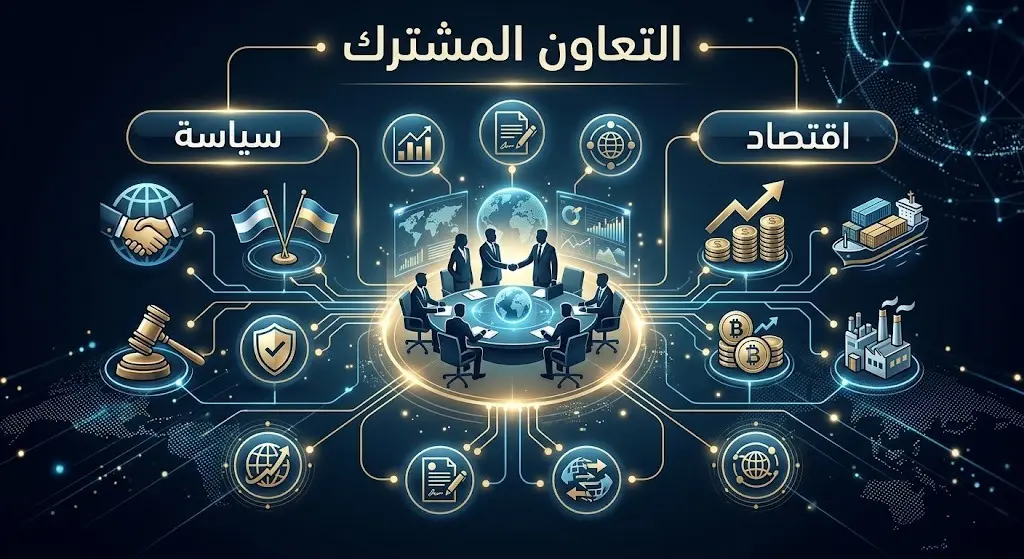 رسم بياني إبداعي حديث يوضح مجالات التعاون المشترك واللقاءات الدبلوماسية الرسمية عبر رموز بصرية تعبر عن السياسة والاقتصاد.