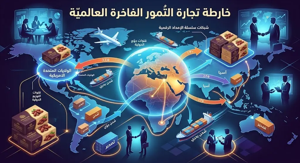 تصميم بصري يوضح شبكات التجارة ومسارات التوزيع العالمية للتمور وربط المنتجين بالأسواق الدولية