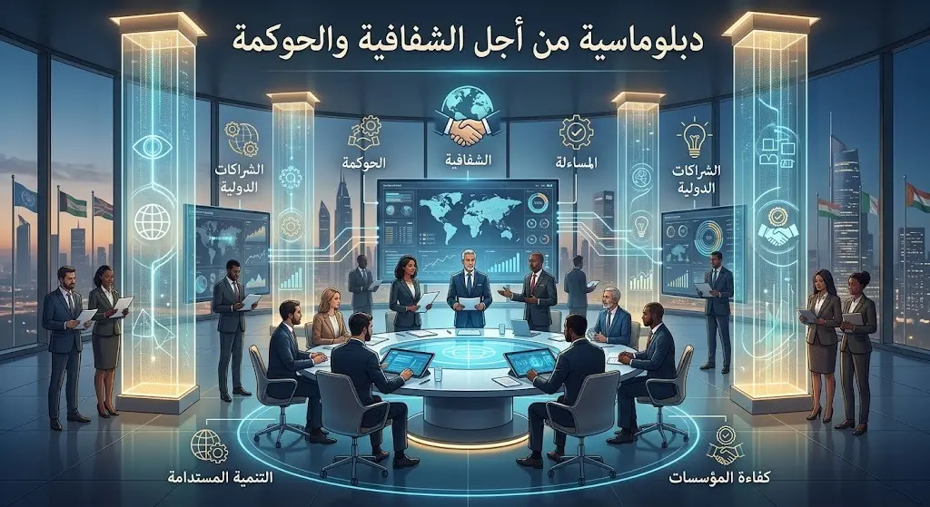 تصميم تعبيري يجسد اللقاءات الدبلوماسية لتعزيز الشفافية وتوسيع الشراكات الدولية.