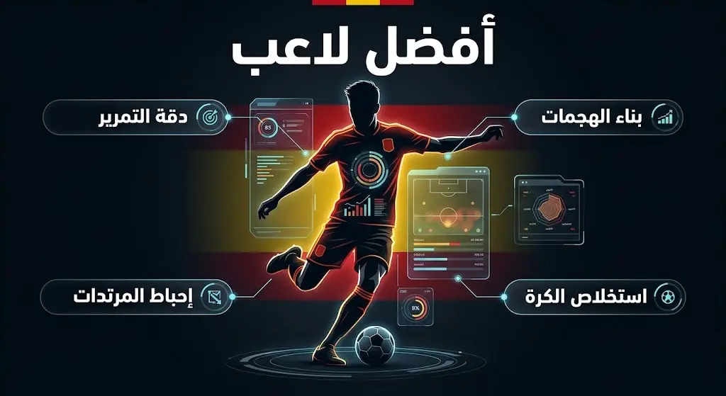 إنفوجرافيك رياضي تحليلي يستعرض الأسباب التكتيكية لاختيار رودري كأفضل لاعب في مباراة إسبانيا والبرتغال، مع إبراز نقاط قوته في خط الوسط.